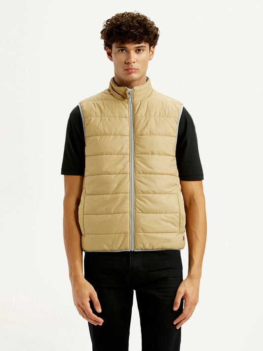 Men's Solid Beige Puffer Jacket
