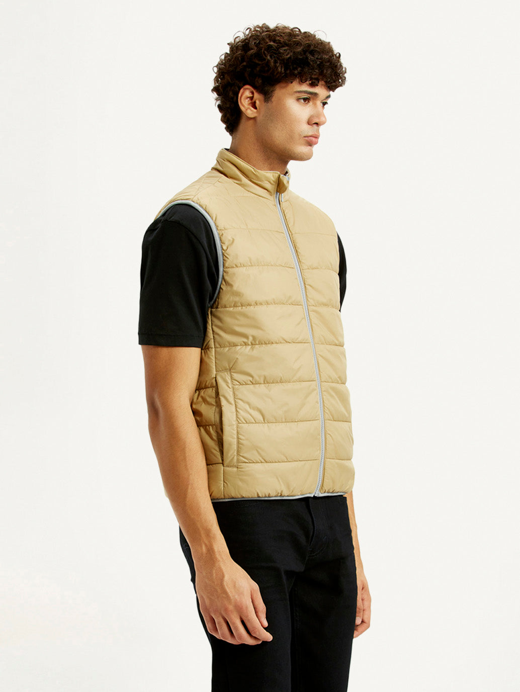 Men's Solid Beige Puffer Jacket