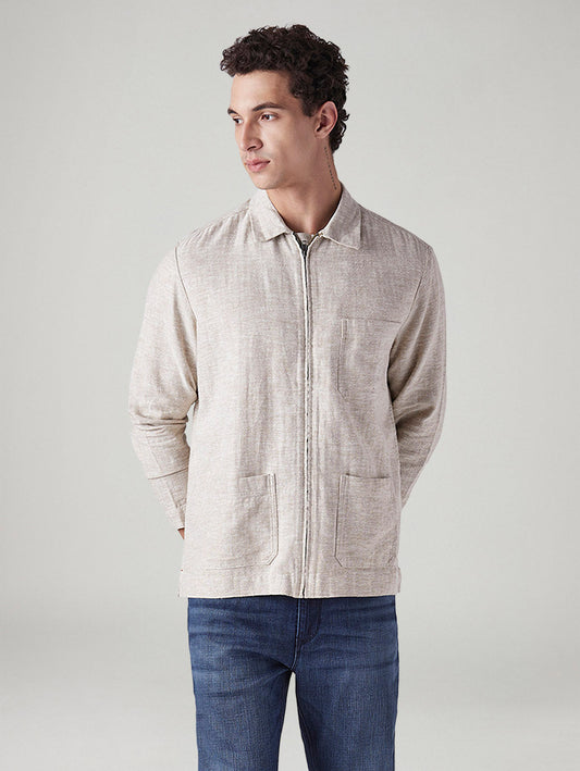 Men's Self Design Beige Linen Jacket