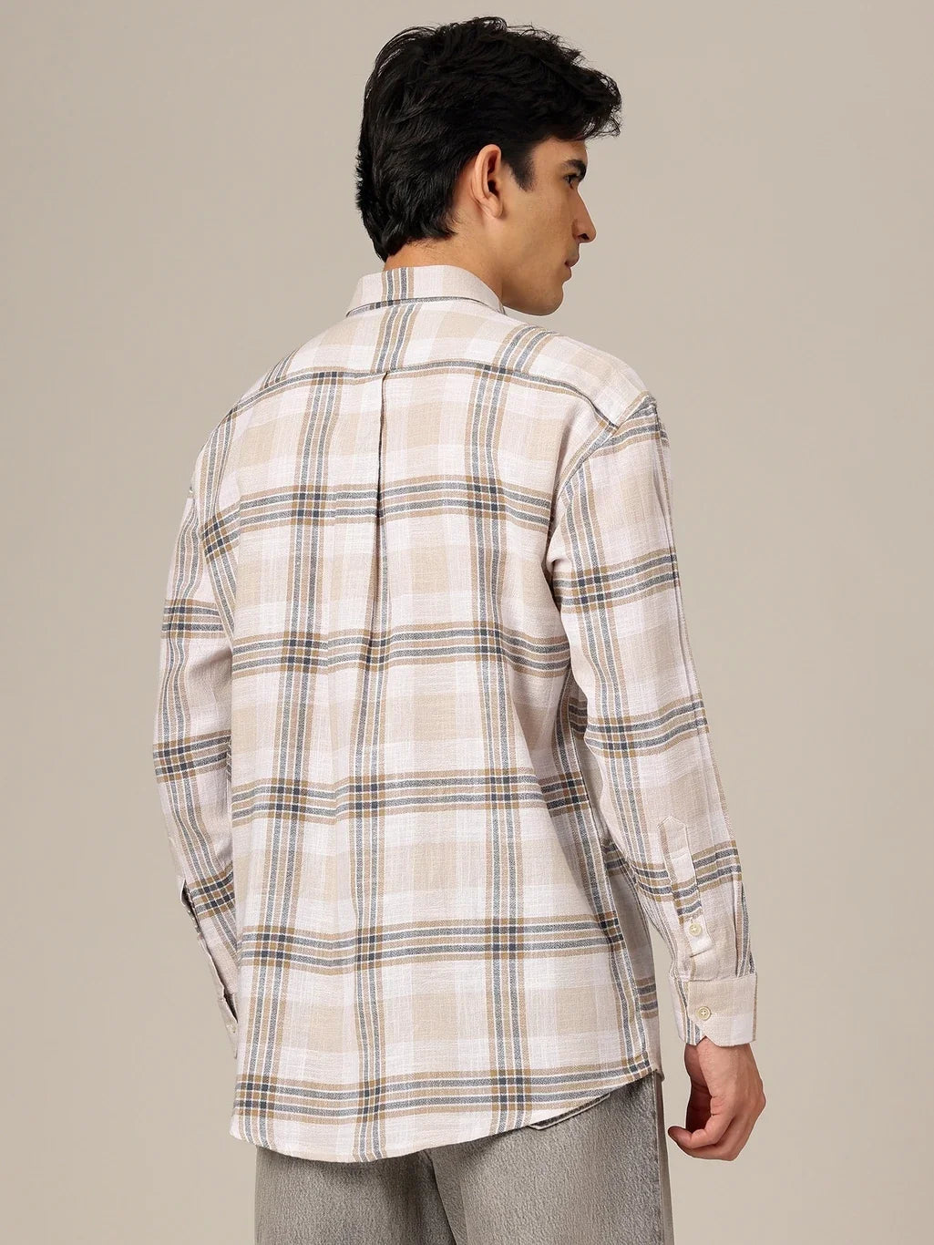 Men’s Beige & White Checked Casual Shirt