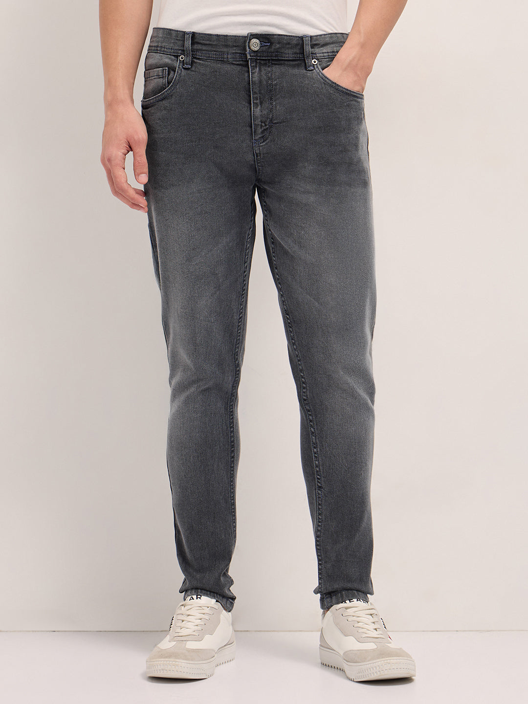 Grey Mid-Rise Skinny Fit Jeans with Light Fade