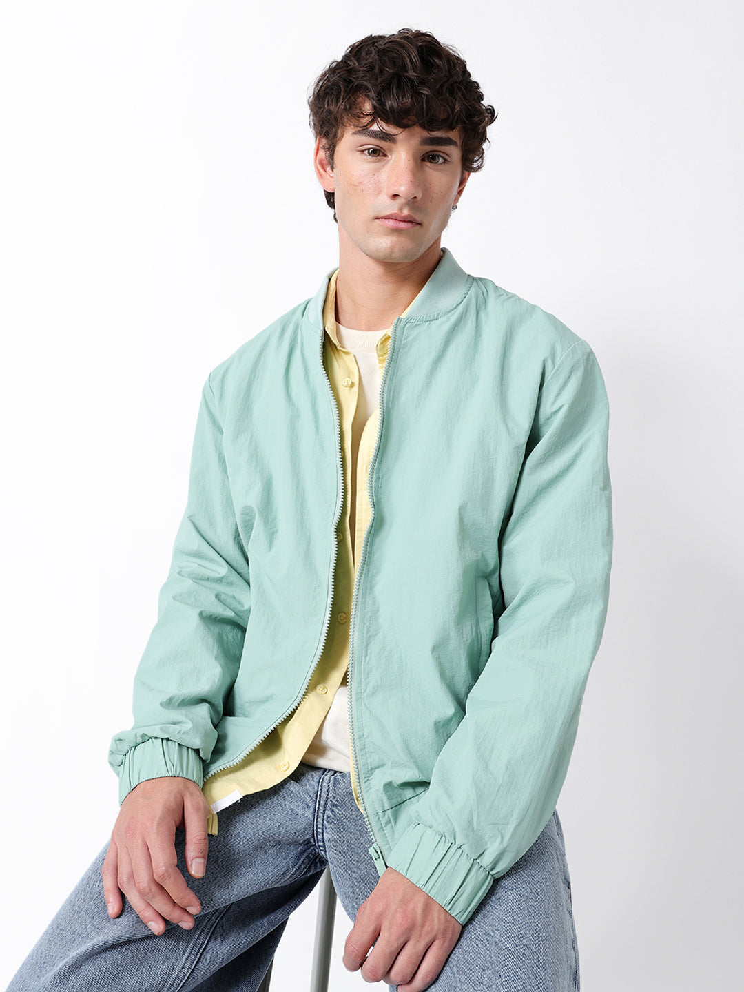 Light Green Regular Fit Lightweight Crinkle-Texture Bomber Jacket with Mock Neck