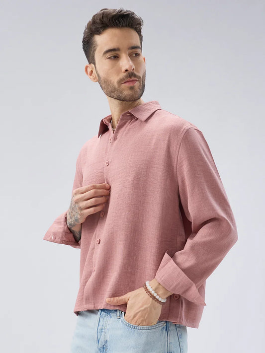 Rose Pink Slub Textured Side-Slit Button Oversized Crop Shirt