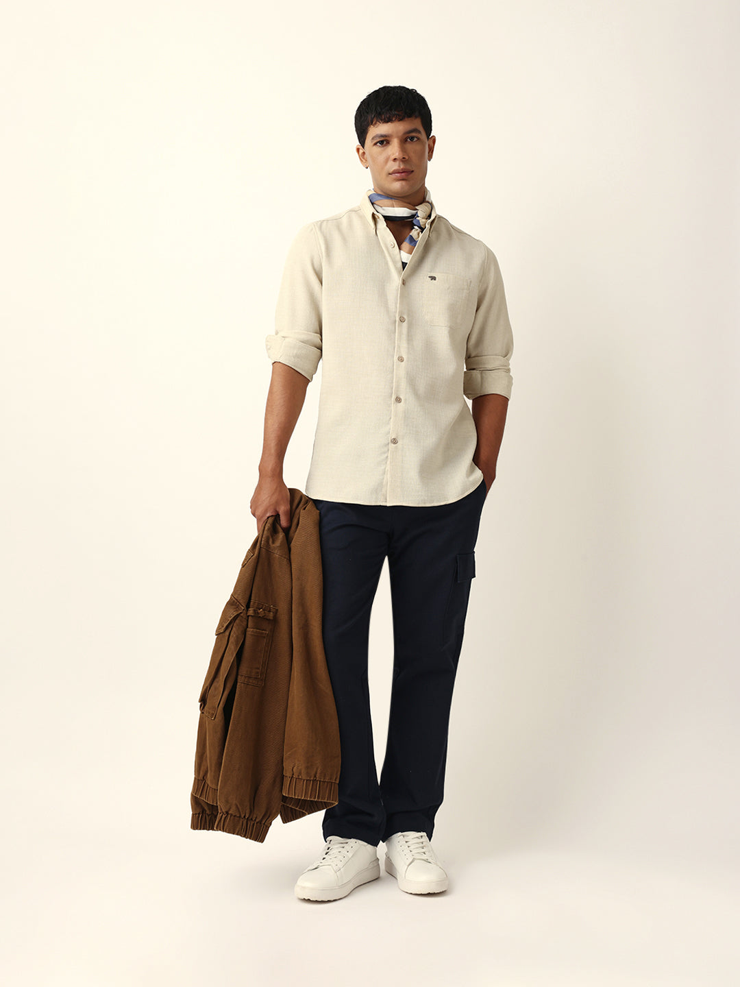 Cream Slub-Textured Woven Slim Fit Casual Shirt
