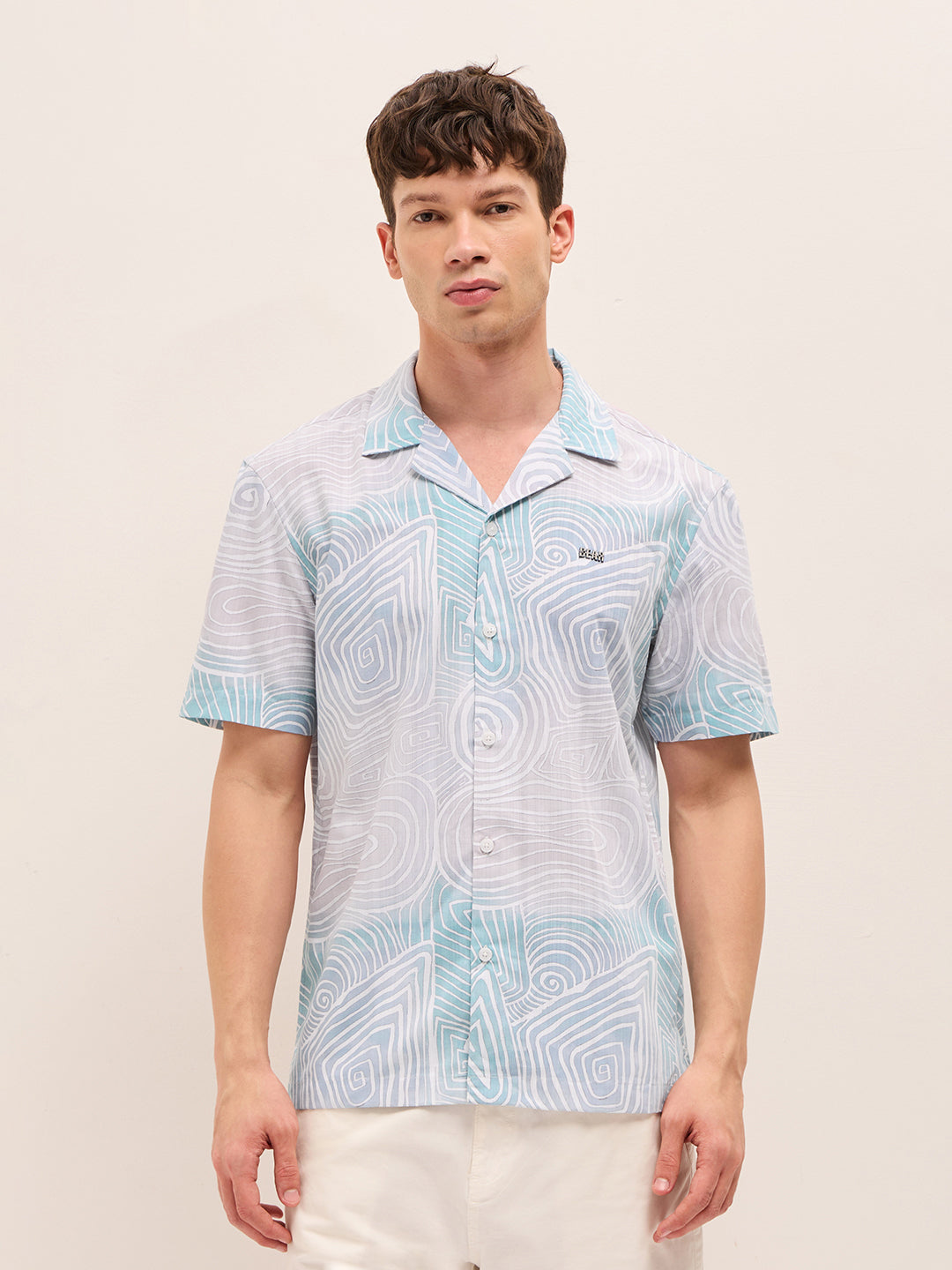 Multicolor Geometric Abstract Print Relaxed Fit Cuban Collar Shirt