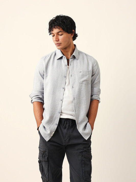 Grey Textured Solid Slim Fit Casual Shirt