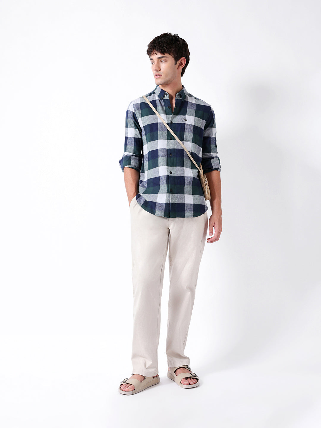 Green & Blue Flannel Checked Slim Fit Casual Shirt