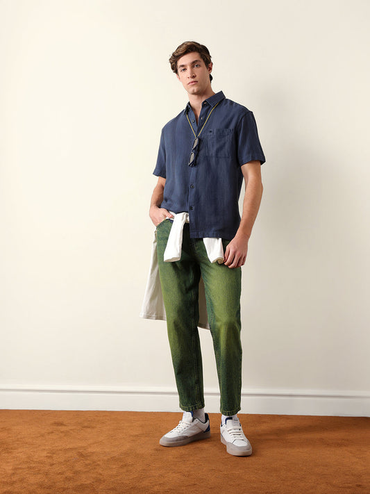 Blue Relaxed Fit Casual Half Sleeve Shirt with Textured Vertical Stripes