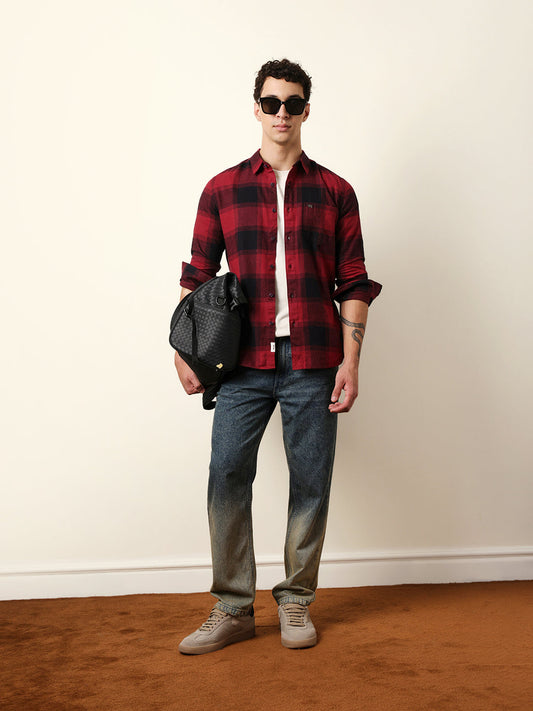 Maroon & Black Checked Flannel Slim Fit Casual Shirt