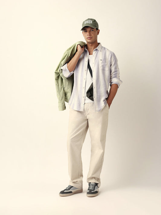 Purple & White Herringbone Striped Slim Fit Casual Shirt