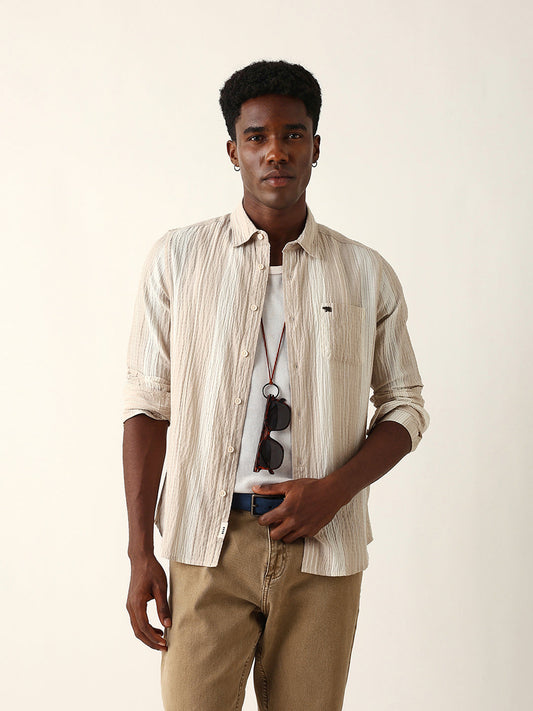 Beige Crinkled Vertical Textured Slim Fit Casual Shirt