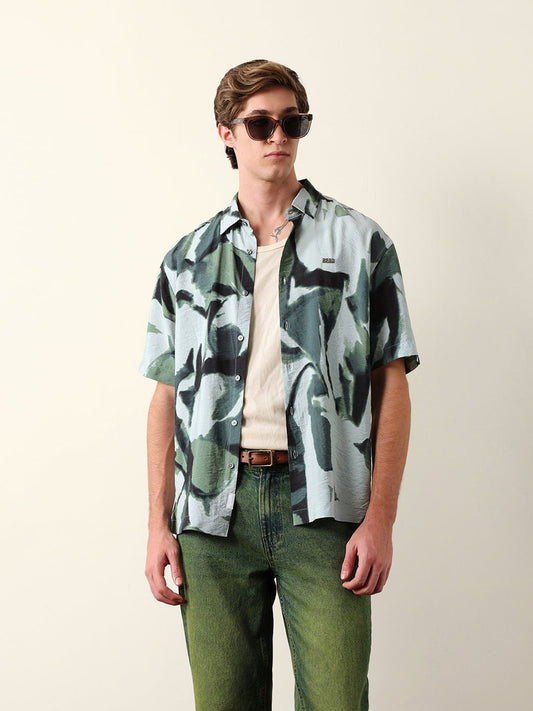 Green Abstract Watercolor Brushstroke Print Oversized Fit Casual Shirt
