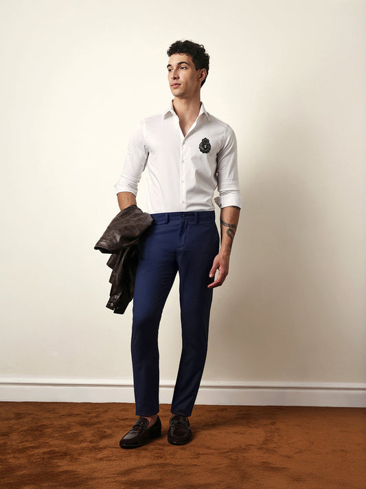 White Tailored Fit Regal Crest Embroidery Formal Party Shirt