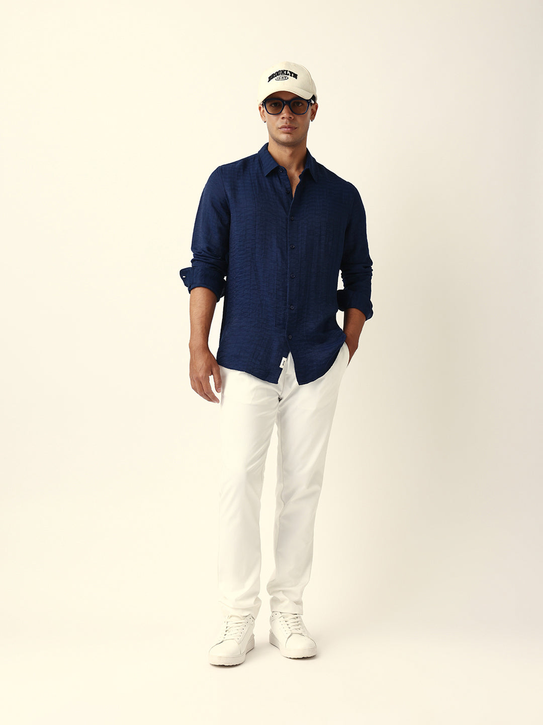 Blue Crinkle Textured Slim Fit Casual Shirt