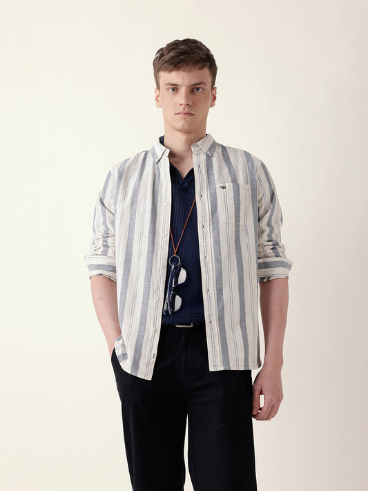 Blue with White Woven Vertical Stripes Slim Fit Casual Shirt