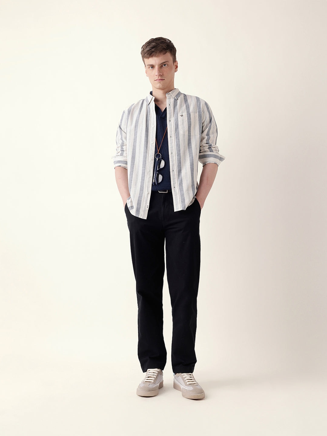 Blue with White Woven Vertical Stripes Slim Fit Casual Shirt