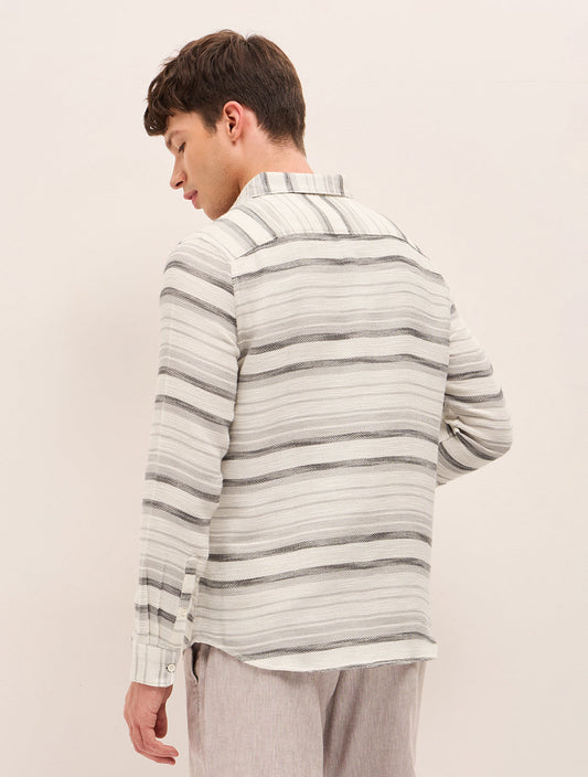 Grey Slim Fit Casual Shirt with Woven Horizontal Textured Stripes