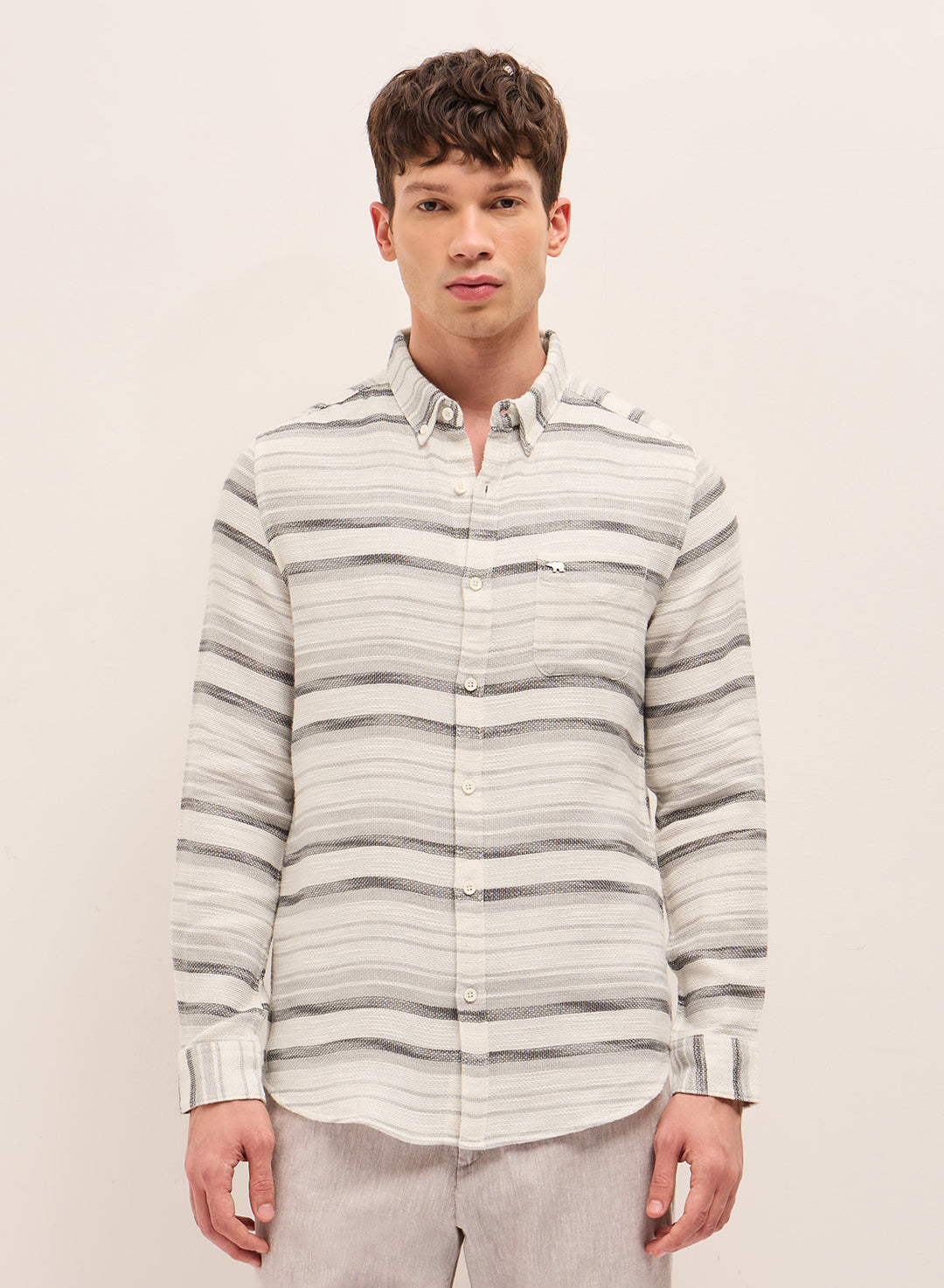 Grey Slim Fit Casual Shirt with Woven Horizontal Textured Stripes