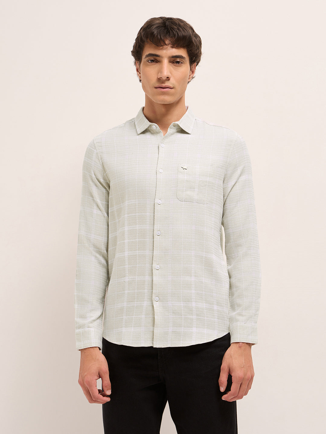 Cream Herringbone Check Slim Fit Casual Shirt