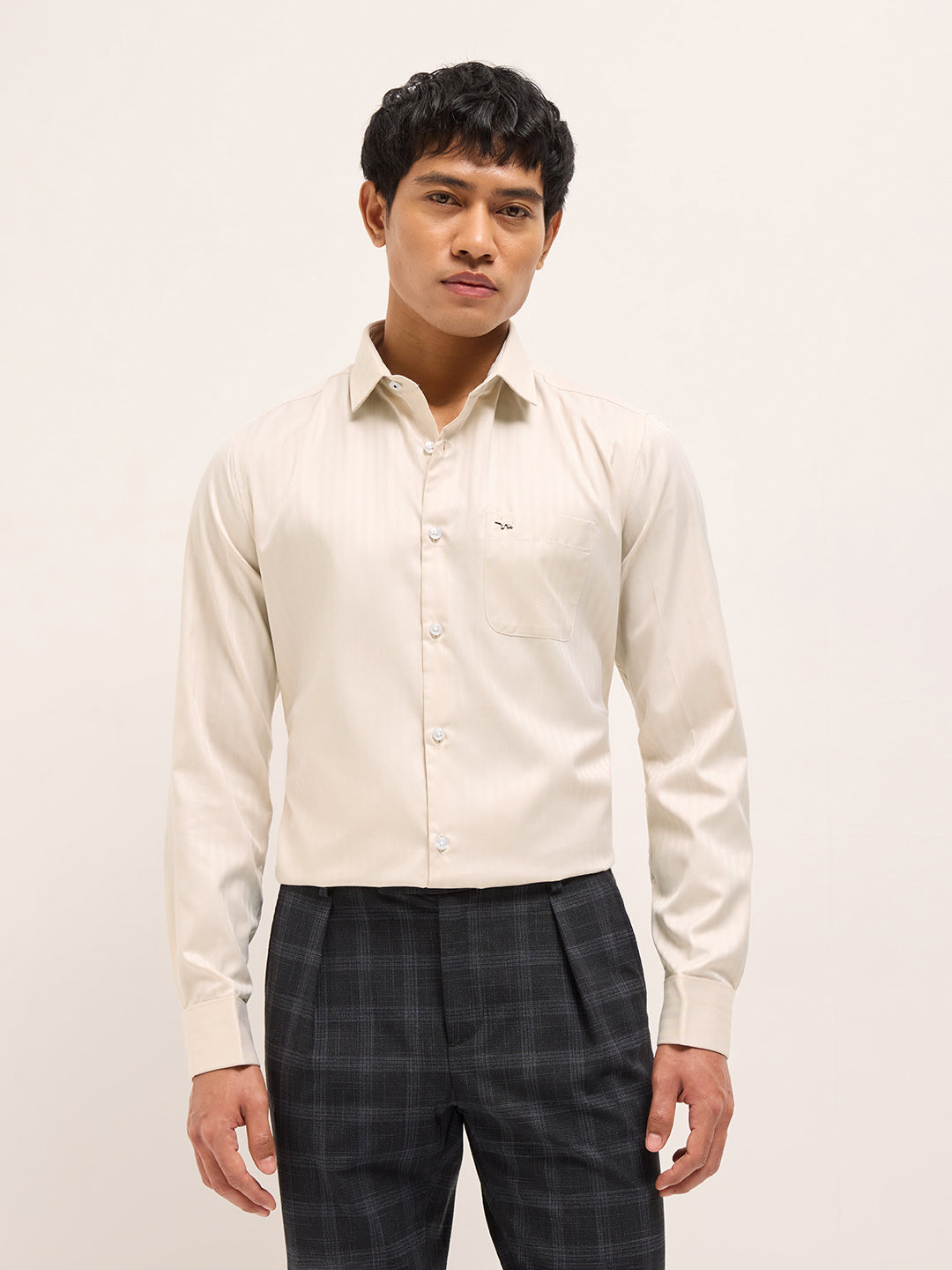 Beige Herringbone Striped Tailored Fit Formal Shirt with French Cuffs