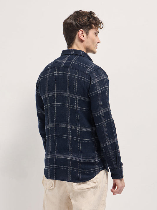 Dark Blue Checked Slim Fit Casual Flannel Shirt