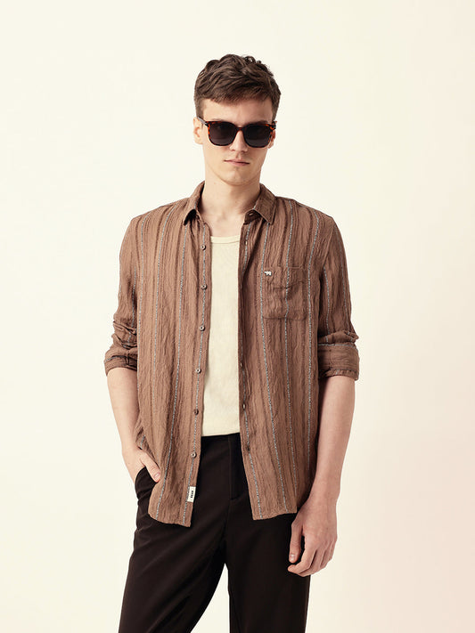 Rust Vertical Seersucker Pinstripe Slim Fit Casual Shirt