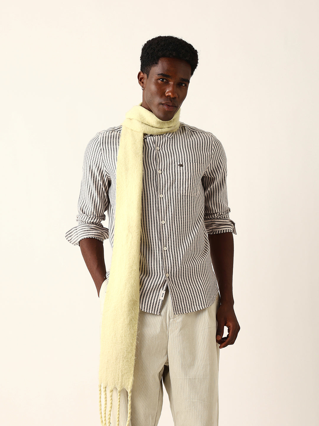 Black & White Vertical Woven Pinstriped Slim Fit Casual Shirt
