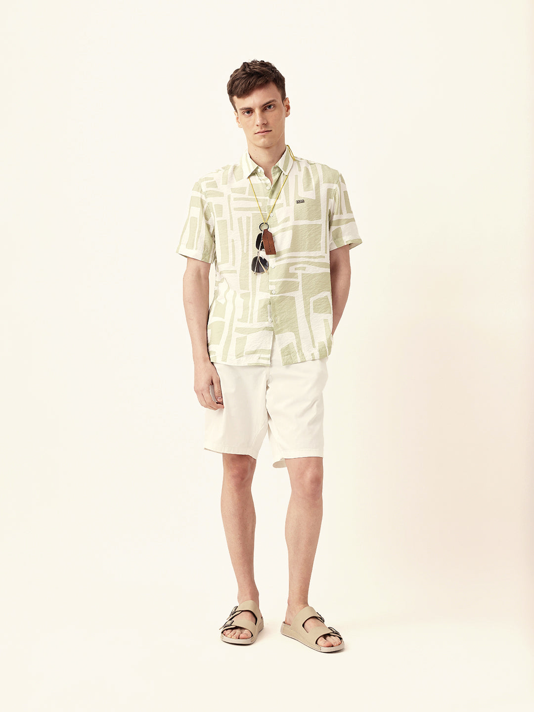 White & Green Relaxed Fit Abstract Stroke Print Half Sleeve Casual Shirt