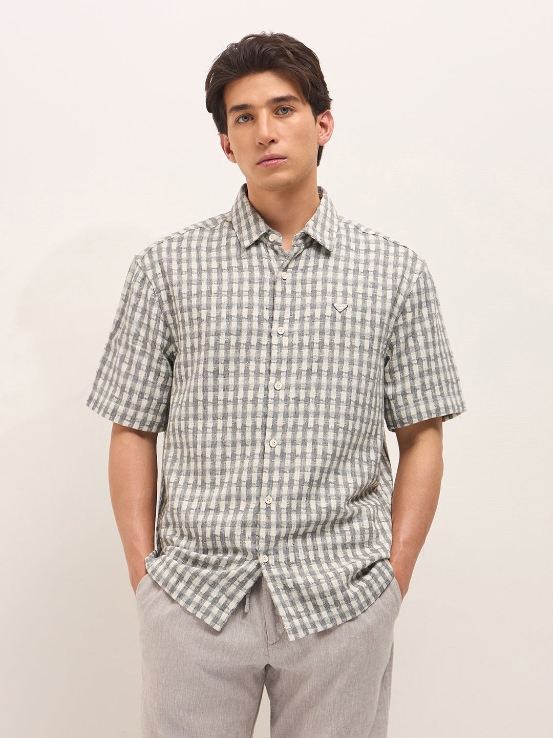 Grey Woven Checked Oversized Fit Casual Shirt with Spread Collar