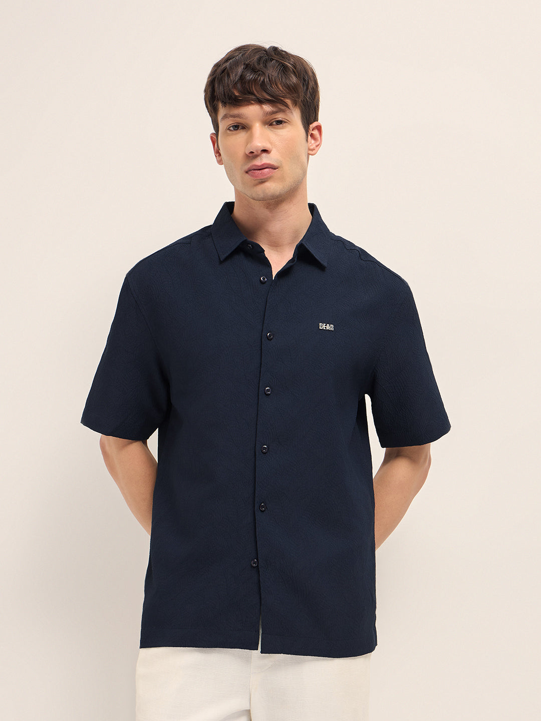Navy All-Over Textured Leaf Motif Oversized Casual Shirt with Half Sleeves