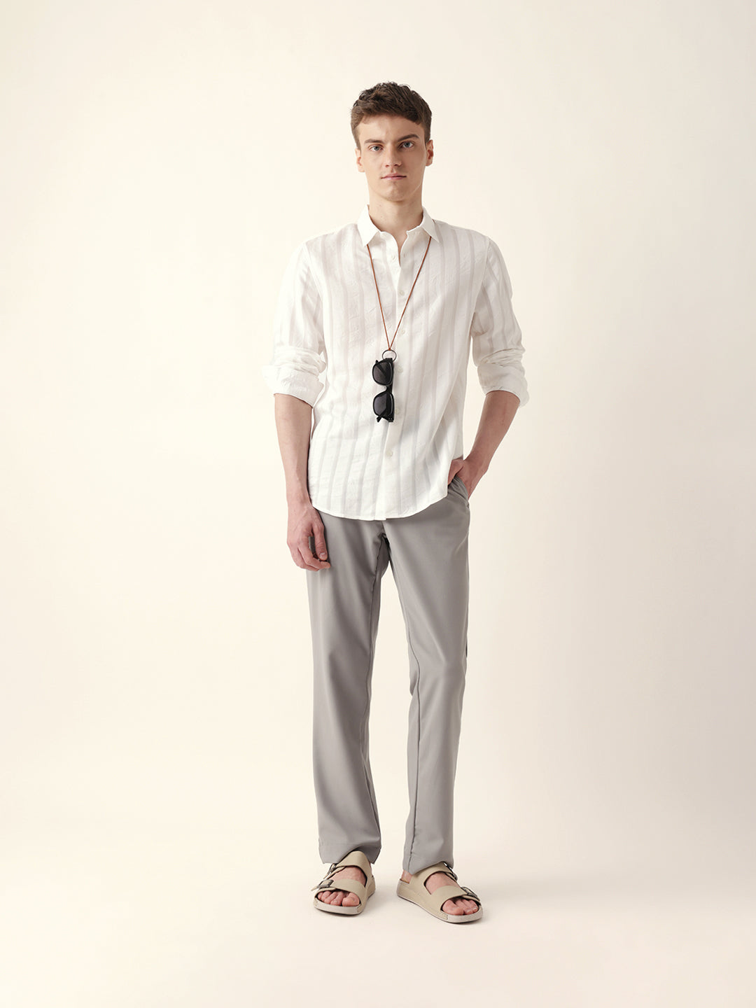 White Woven Vertical Striped Slim Fit Casual Shirt