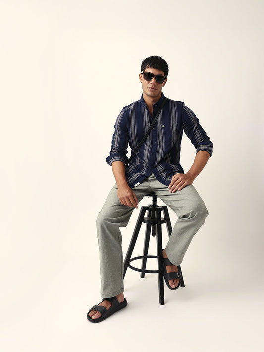 Blue Vertical Woven Stripe Slim Fit Casual Shirt