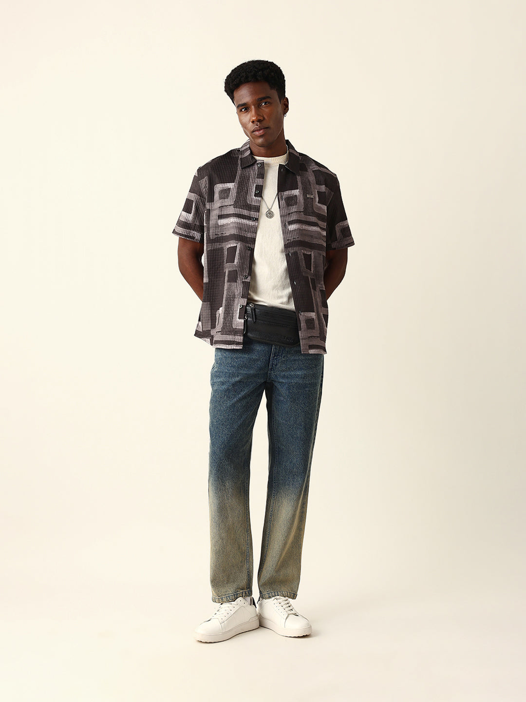Multicolor Textured Check Geometric Digital Print Relaxed Fit Casual Shirt