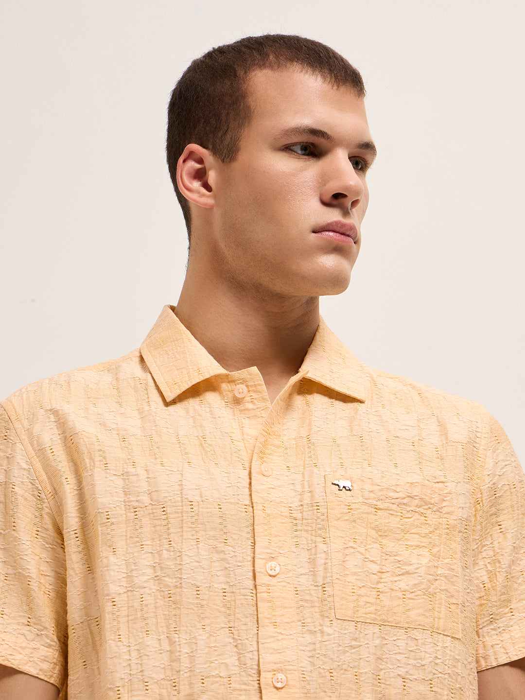 Yellow Crinkle Textured Regular Fit Half-Sleeve Casual Shirt