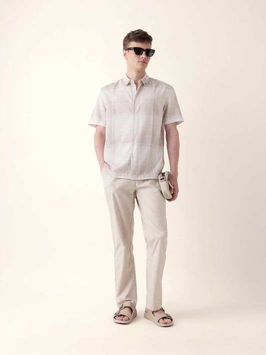 Cream Geometric Check Print Relaxed Fit Casual Shirt