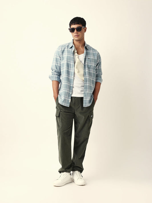 Teal Woven Tartan Checked Slim Fit Casual Shirt