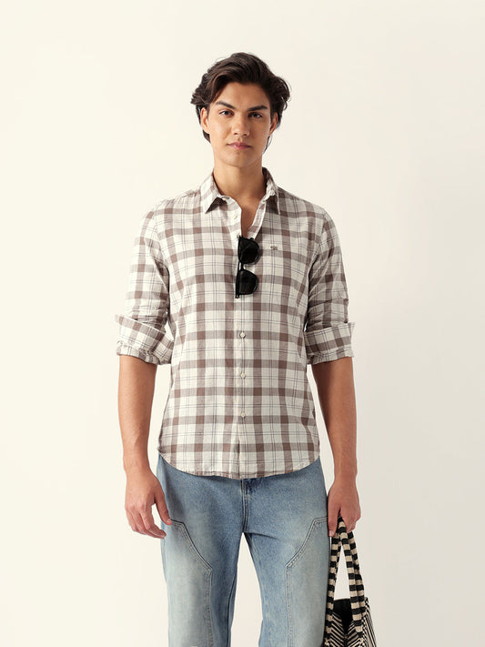 Cream & Brown Woven Checked Slim Fit Casual Shirt