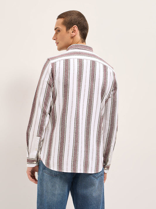 White Vertical Stripe Woven Flannel Slim Fit Casual Shirt