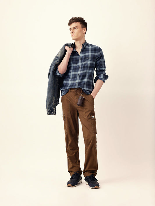 Blue Woven Tartan Checked Slim Fit Casual Shirt