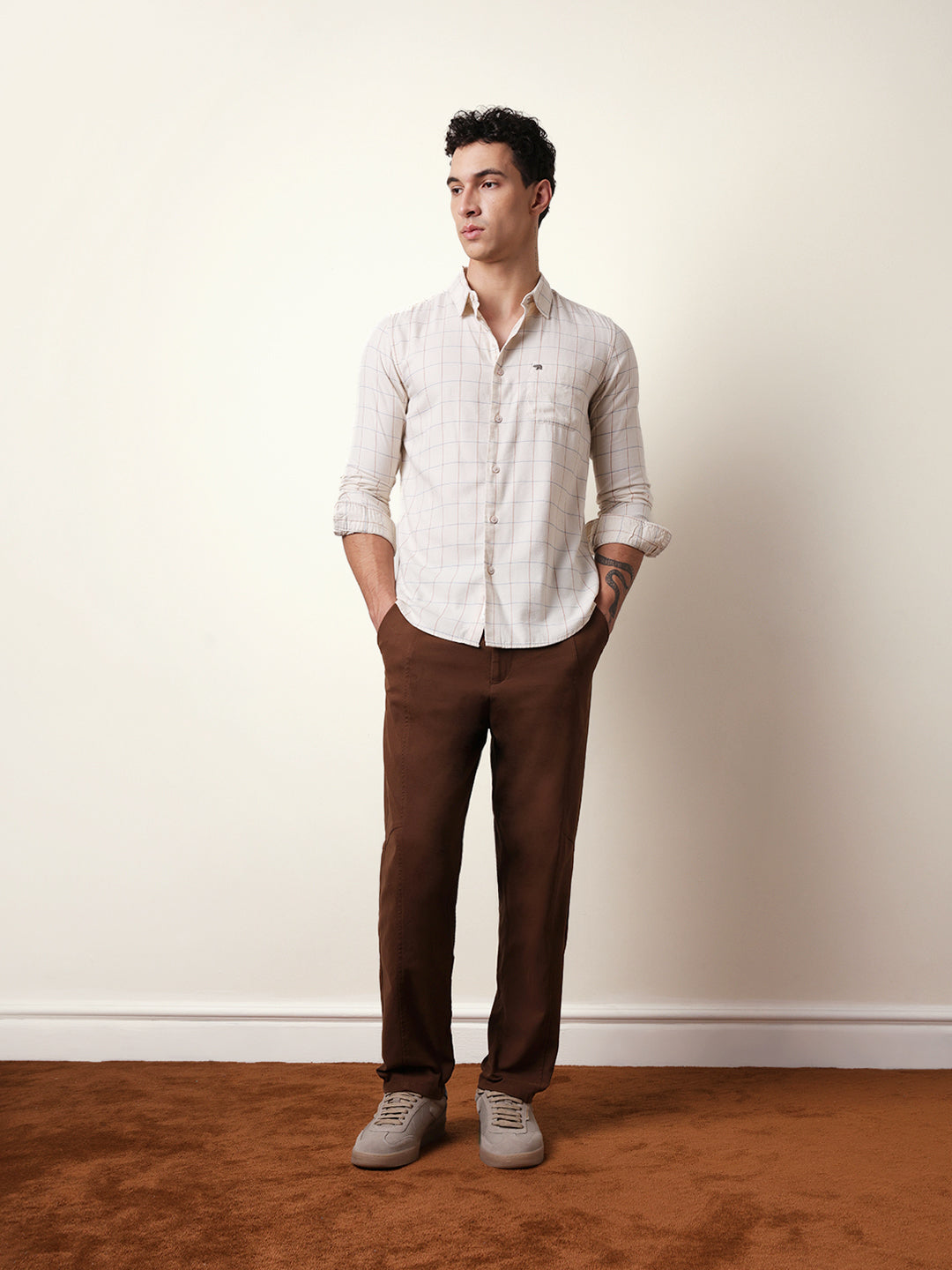 Cream Slim Fit Casual Shirt with Woven Block Checks