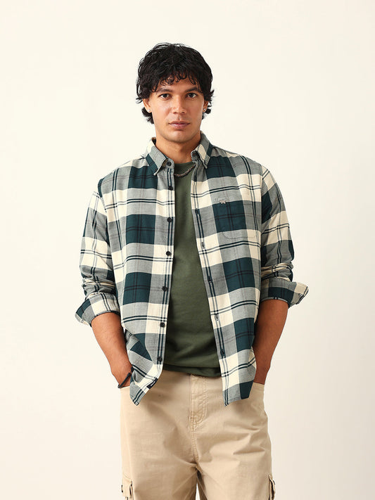 Green & Cream Woven Check Slim Fit Casual Shirt