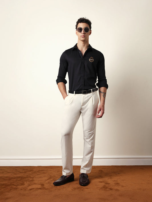 Black Tailored Fit Formal Party Shirt with Regal Crest Embroidery