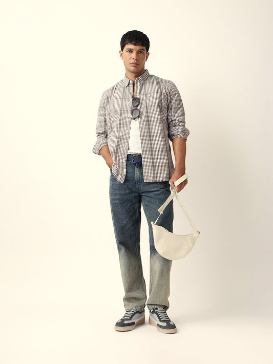 Brown & White Woven Micro Checked Slim Fit Casual Shirt