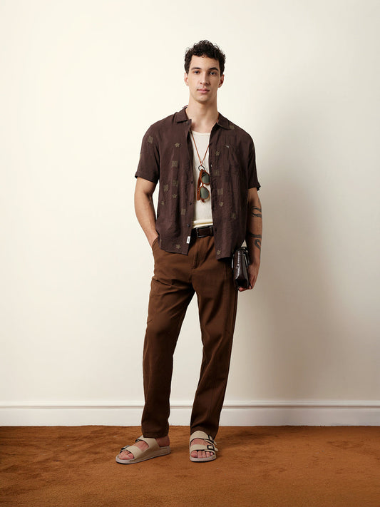 Brown Embroidered Motif Regular Fit Casual Shirt