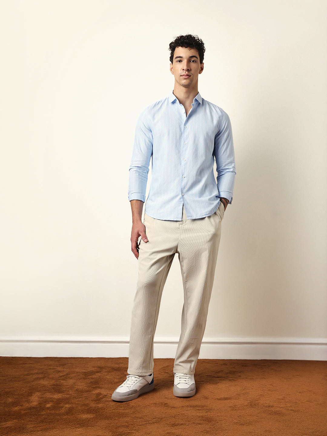 Light Blue Vertical Woven Stripe Slim Fit Casual Shirt