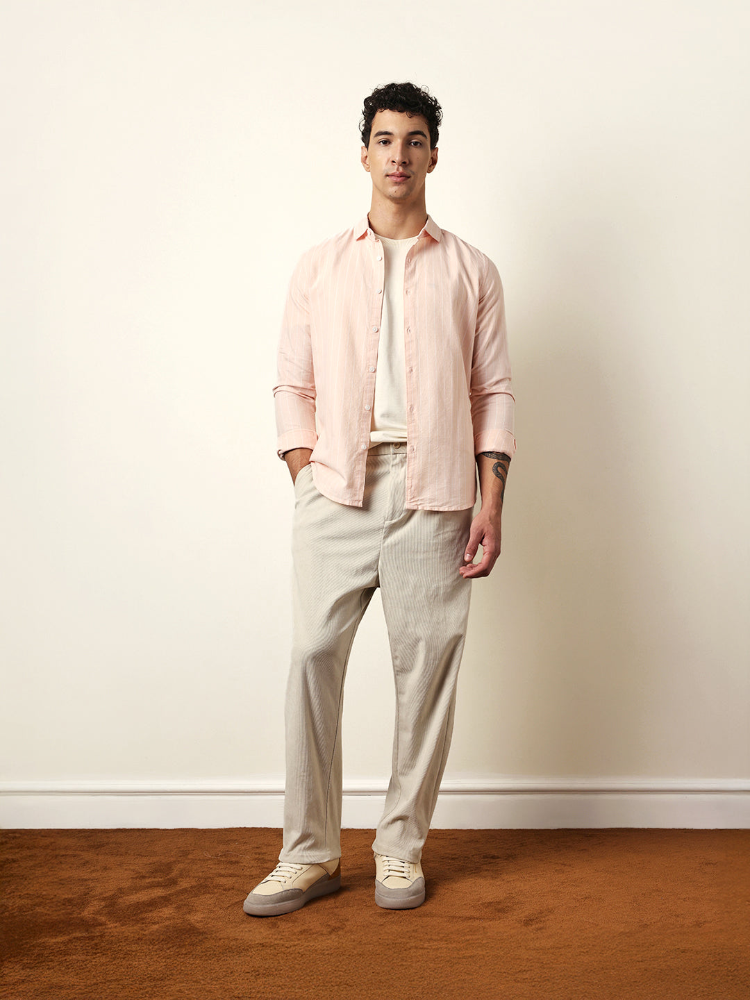 Peach Vertical Woven Stripe Slim Fit Casual Shirt