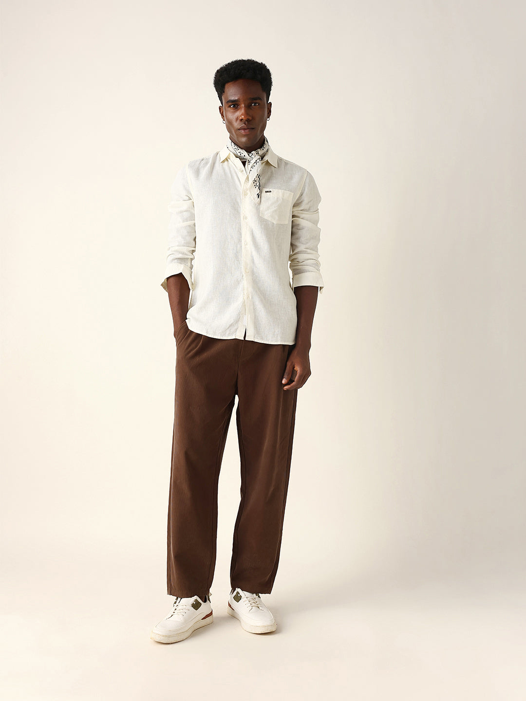 Off White Solid Lyocell Slim Fit Casual Shirt