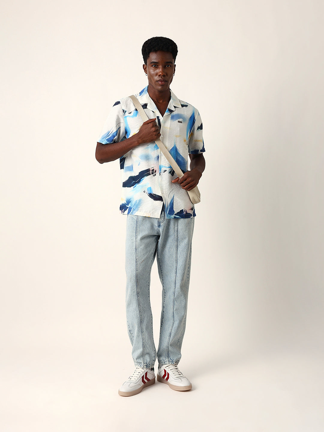 White & Blue Abstract Watercolor Printed Relaxed Fit Short Sleeve Shirt