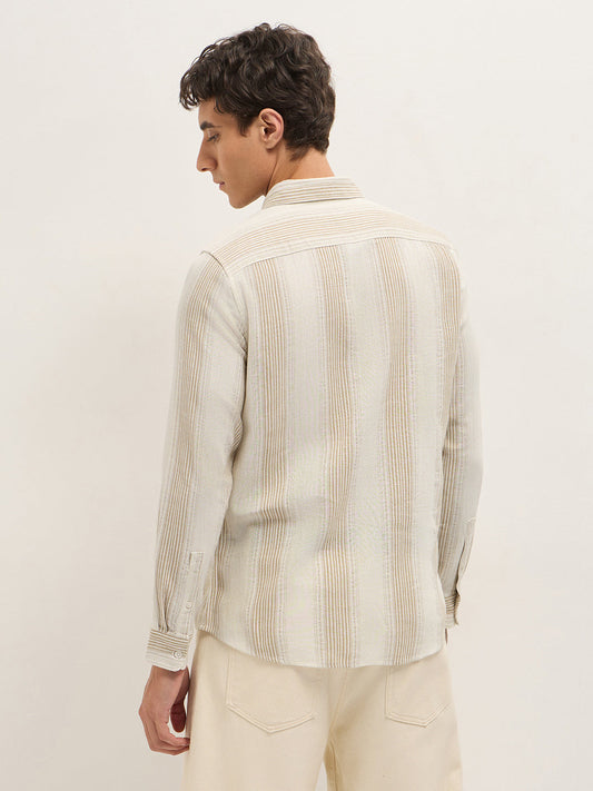 Cream Woven Vertical Stripes Slim Fit Casual Shirt