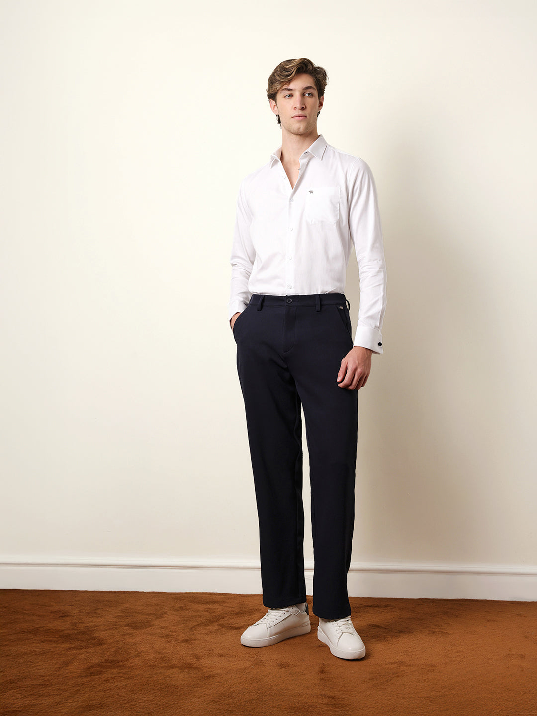 White Textured Woven Tailored Fit Formal Shirt with French Cuffs